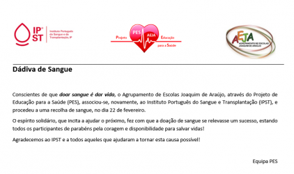 Recolha de sangue no próximo dia 22 de fevereiro, entre as 9h00 horas  e as 12h30min, na Escola Secundária Joaquim de Araújo