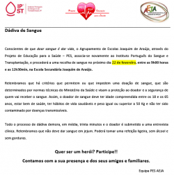 Recolha de sangue no próximo dia 22 de fevereiro, entre as 9h00 horas  e as 12h30min, na Escola Secundária Joaquim de Araújo